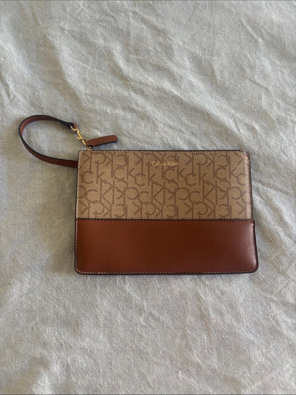 Calvin Klein Tan and Brown Signature Wristlet Pouch